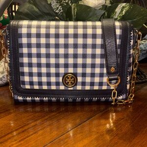Tory Burch Leather Kerrington Gingham Crossbody Bag Blue White Gold Tone Chain